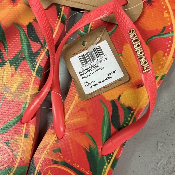 NWT Havaianas Slim Flip Flops Tropical Coral with Gold Metallic Logo on Strap - Picture 2 of 9